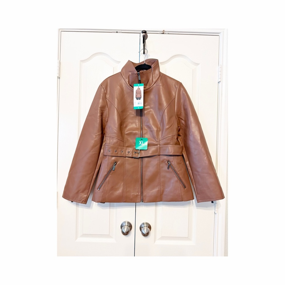 Kenneth Cole Women Belted Faux Leather Jacket Size XL Brown NWT